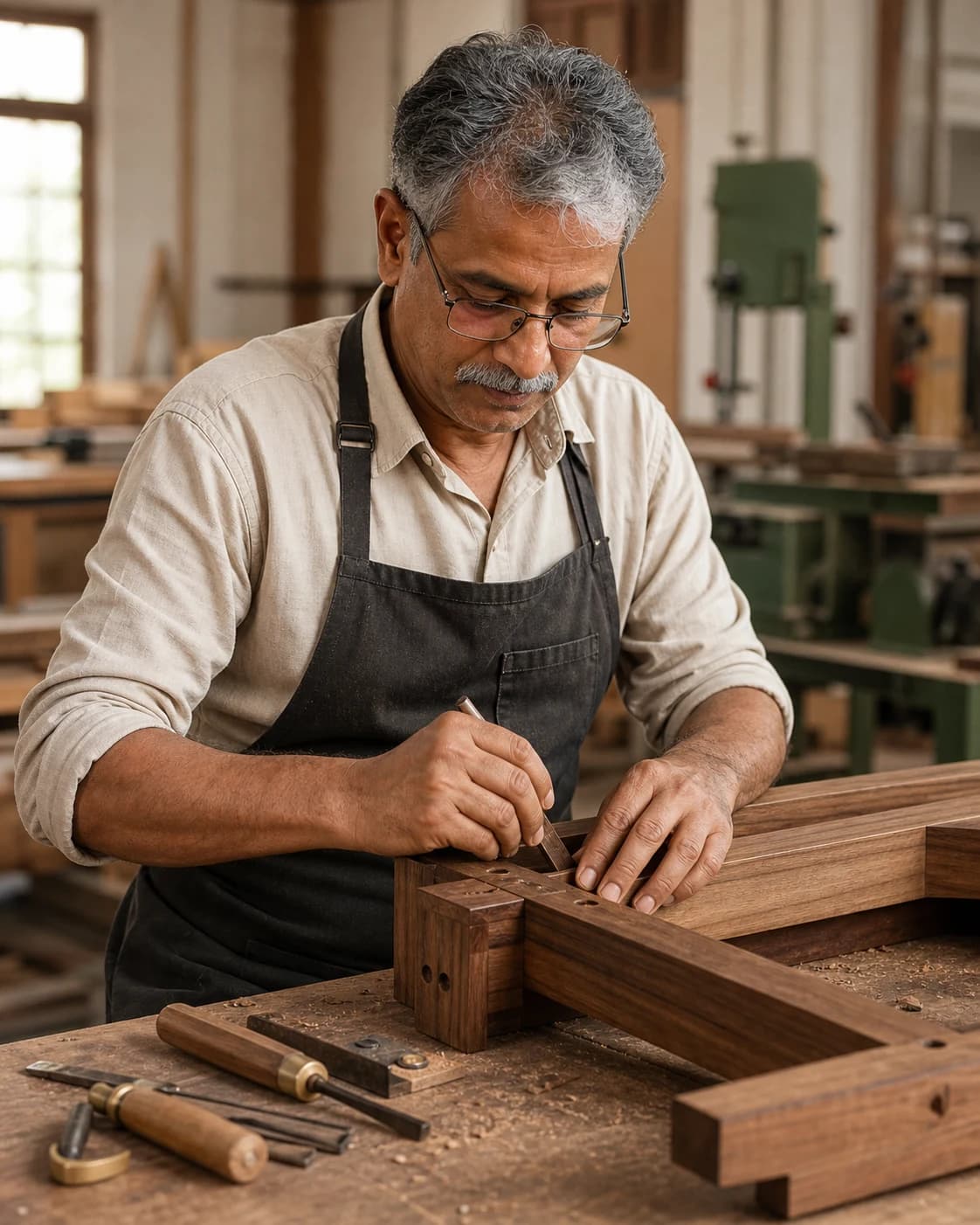 Master artisan at workbench in the Artisan Manor workshop
