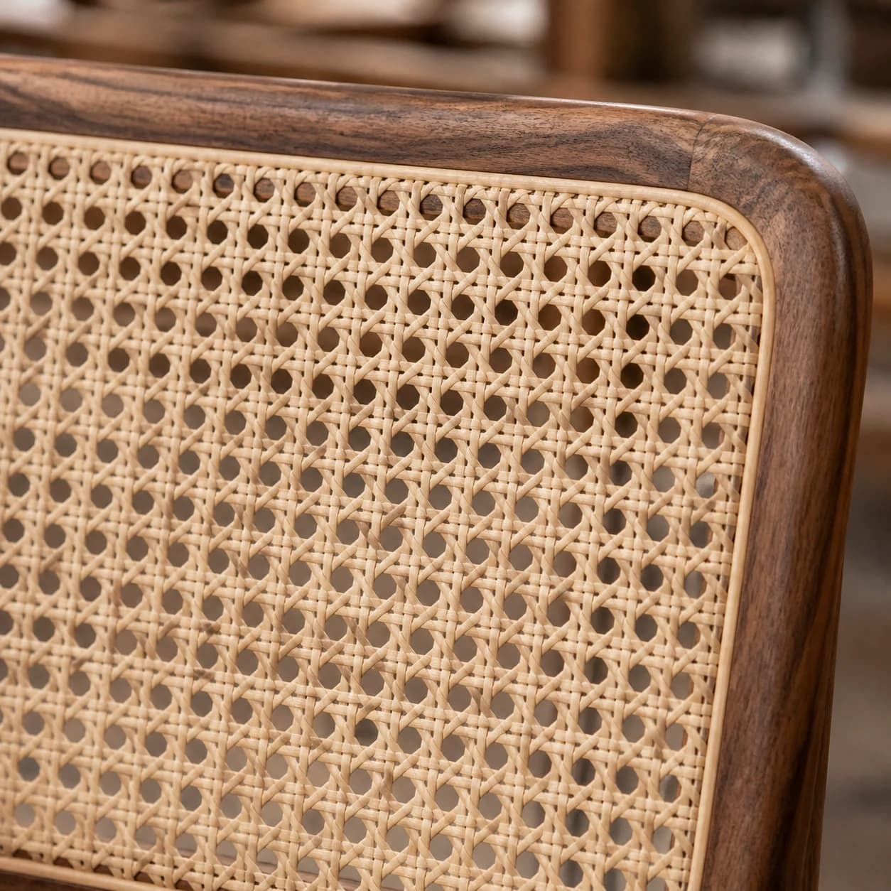 Handwoven cane webbing on chair backrest