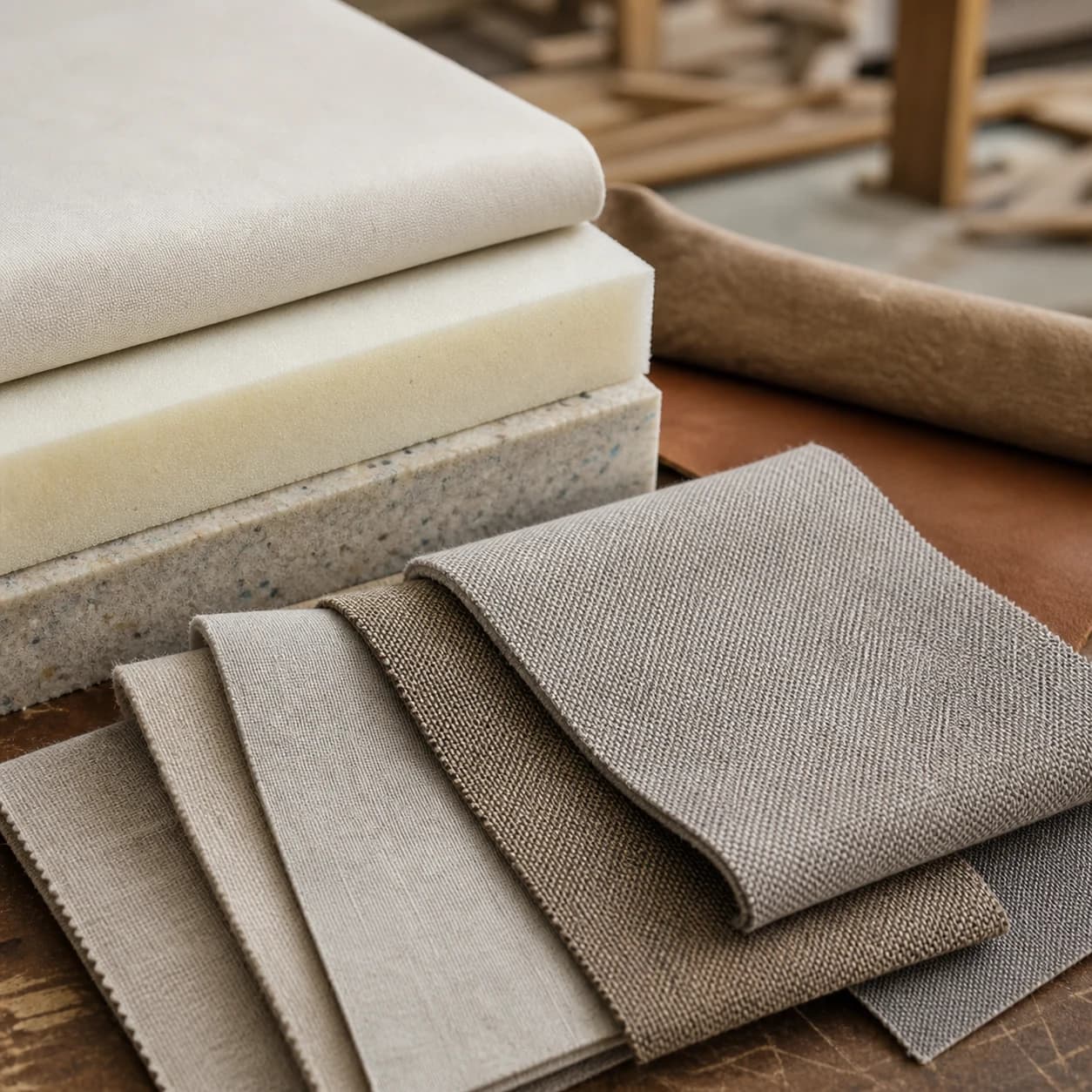 Upholstery fabric swatches and foam layers on a workbench