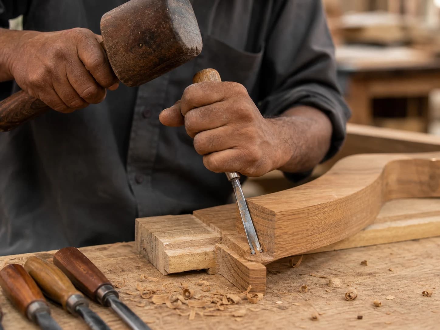 Master artisan hand-carving wood detail with chisel and mallet