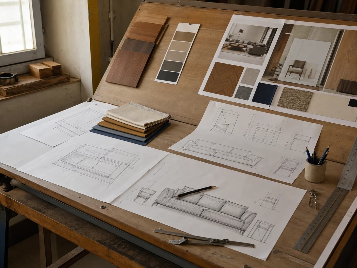 Furniture design sketches and material swatches on a drafting table