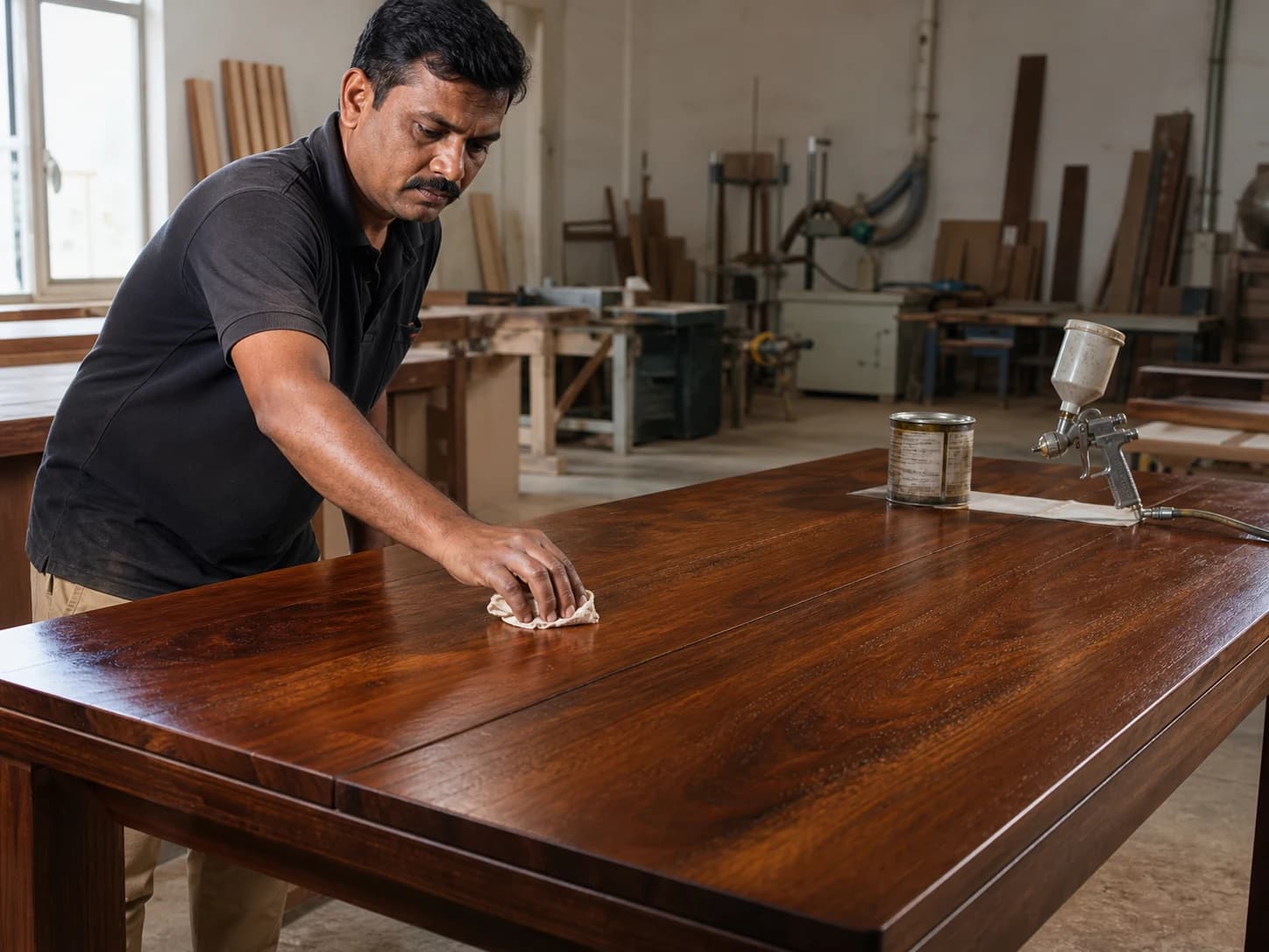 Artisan hand-applying finishing lacquer to a dining table surface