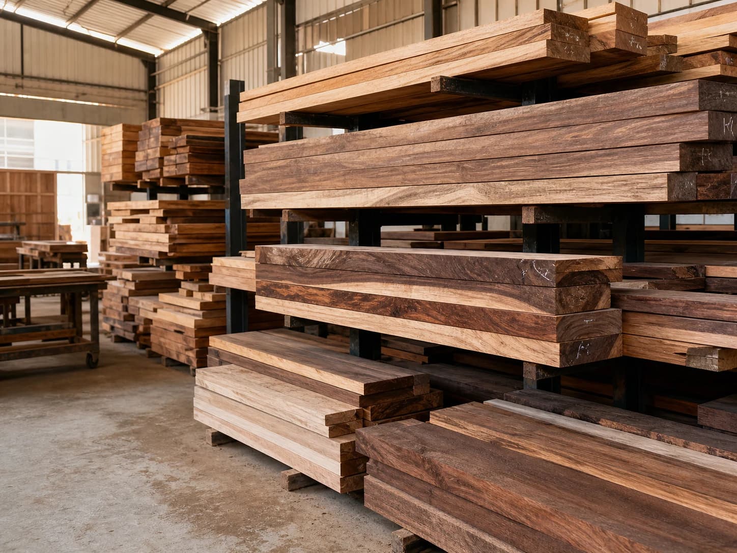 Sustainably sourced solid timber planks in the material yard